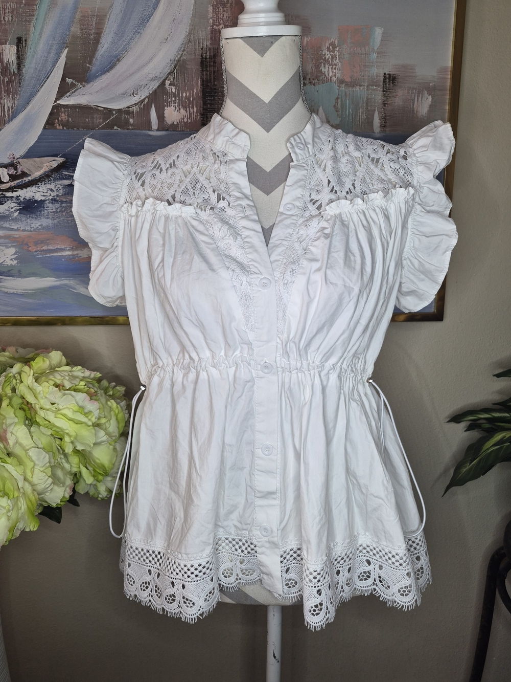 White Lace-Trim Ruffle Sleeve Peplum Blouse